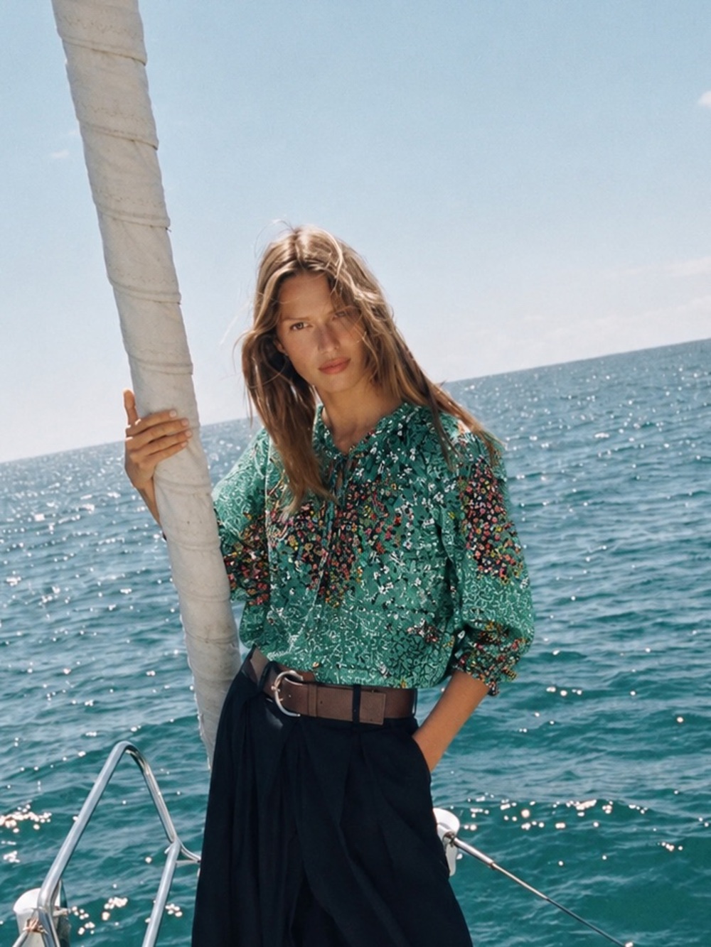 Green Floral Tie-Neck Blouse